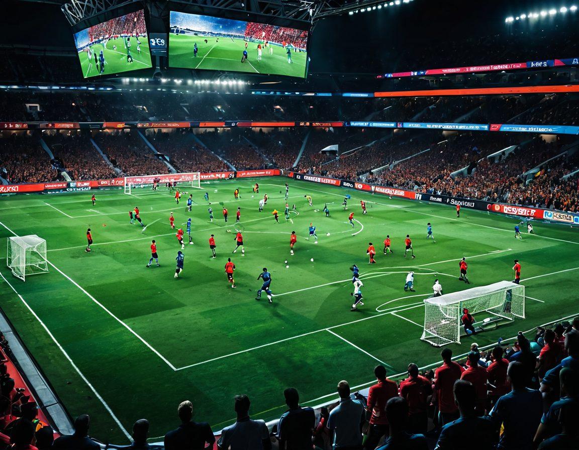 A dynamic scene of a football match in progress, showcasing players in action with an intense focus on the ball. Include a scoreboard displaying live scores, vibrant team colors, and a cheering crowd in the background to convey excitement. Highlight tactical strategies with overlays of movement path arrows and strategy diagrams above the pitch. super-realistic. vibrant colors. action-packed atmosphere.