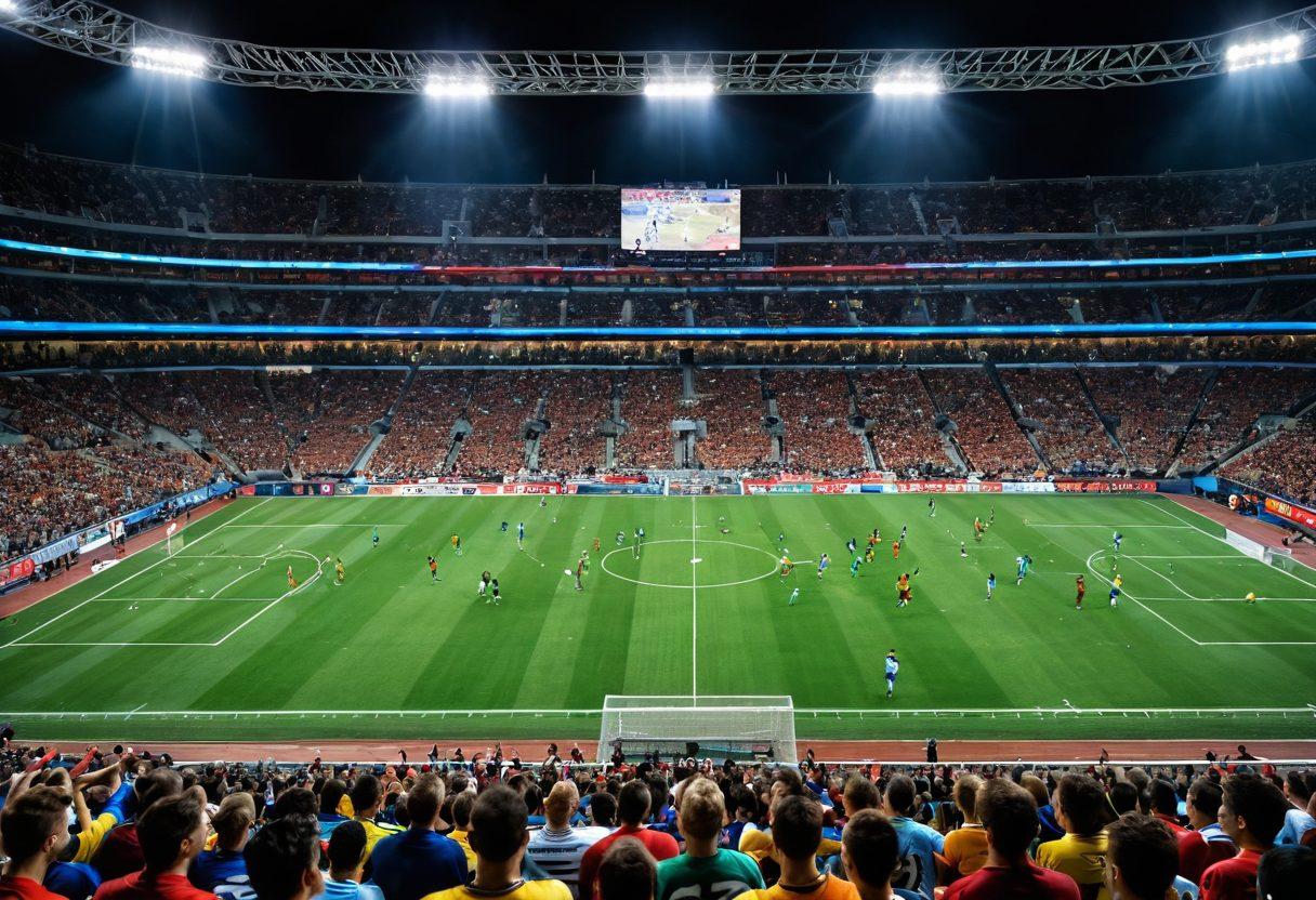 A dynamic football scene capturing a thrilling moment of a game in action, with players exhibiting intense expressions as they compete for the ball. The background showcases a packed stadium with cheering fans and colorful banners. Include a scoreboard displaying the match score, emphasizing the tension of the game. The atmosphere should be electric, highlighting the spirit of competition and teamwork. super-realistic. vibrant colors. high detail.