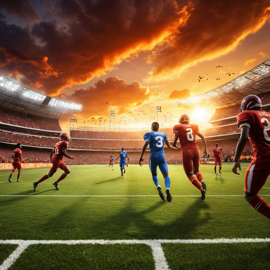 A dynamic football field scene showcasing a diverse group of players in action, with a dramatic sunset in the background. Elements like a scoreboard and cheering crowds add to the excitement, while infographics overlay the image illustrating key strategies and statistics from recent games. The colors are vivid, capturing the energy of the sport. super-realistic. vibrant colors. action-packed.
